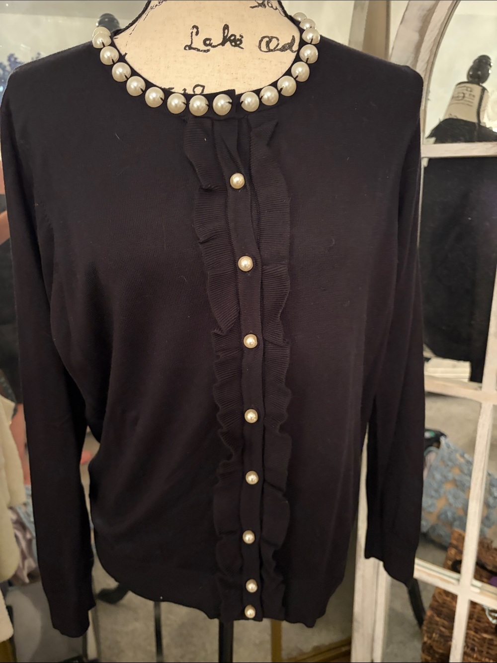 Charter Club Black Pearl-Button Ruffle Cardigan